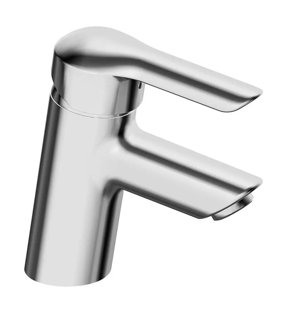 Einhebelmischer in chromfarbenem Finish von HANSA. Der Wasserhahn hat eine ergonomische Form und einen integrierten Auslauf. Ideal für Waschtische.